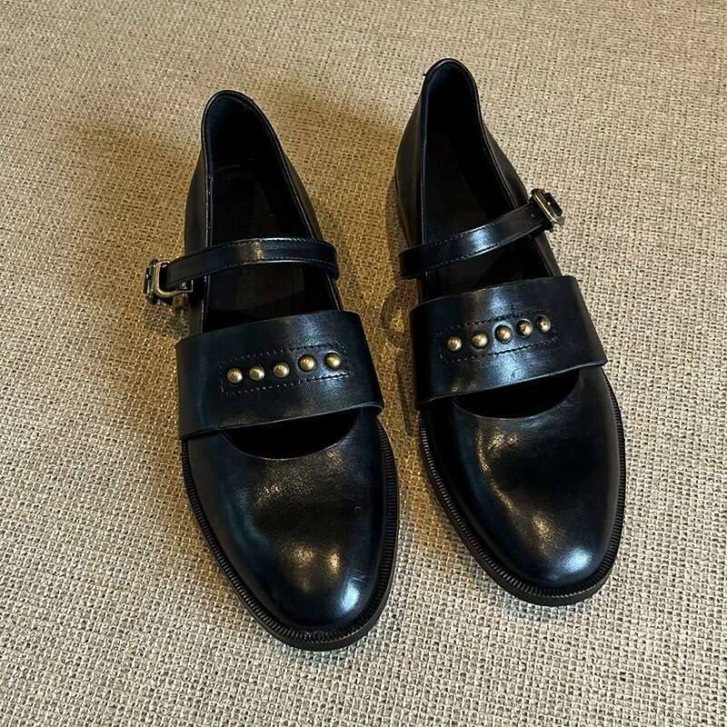 Genuine Leather British Style Studded Hollow Loafers Women 2025 Spring Chunky Heel Mary Jane Shoes