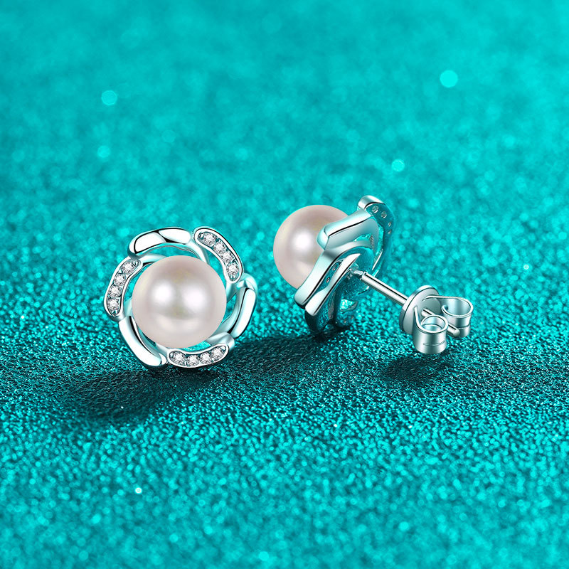 Sterling silver moissanite pearl floral bud stud earrings for women, elegant minimalist design, sweet and stylish daily wear jewelry