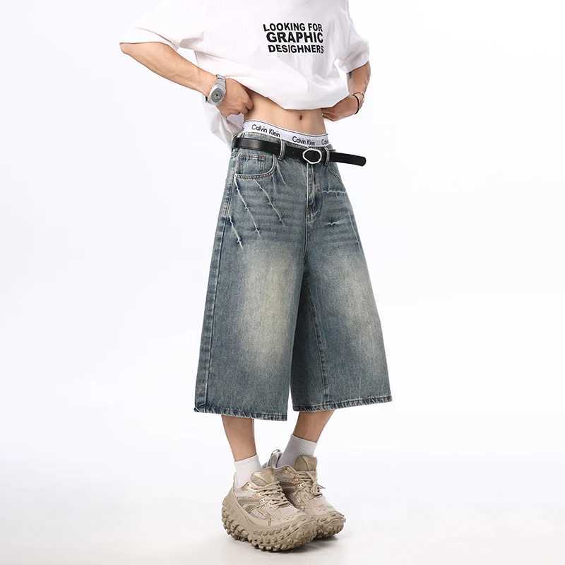 Summer New Mens Oversized Wide Shorts Lightning Cracked Y2k Baggy Jeans Washed Strtwear Fashion Loose Calf-length Denim PantsC250528