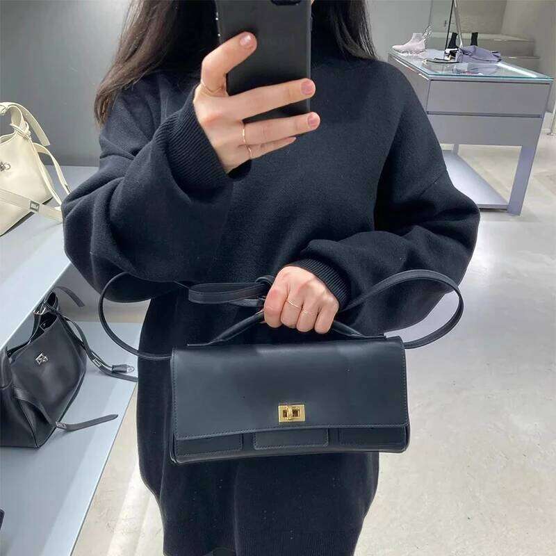New Lock Small Square Women's Genuine Leather Handbag Classic Black Brand Design Shoulder Ladies Crossbody Bag