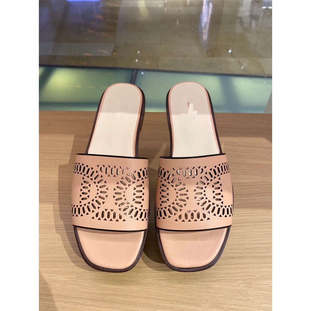 Genuine Leather Italian Laser Cut Hollow Carved Square Toe Flat Slippers for Women Outdoor Summer New Beach Sandals
