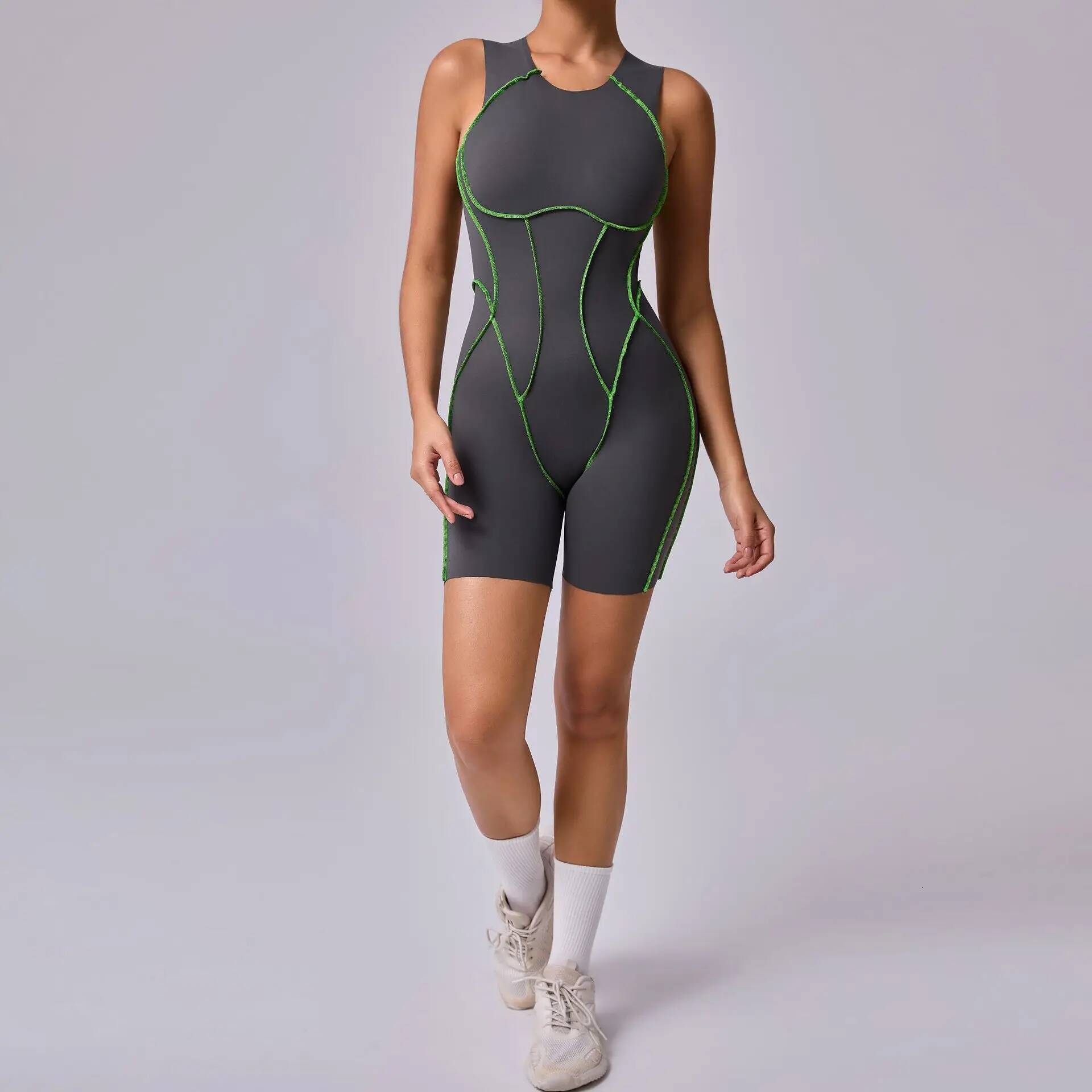 Seamless Jumpsuit Sports Fiess Hip-lifting Line Contrasting Color Tight Onesie Backless One-piece Yoga Bodysuit for Women