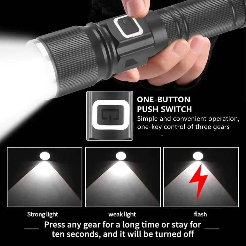 Bright Spotlight Long Range LED Flashlight Type-C Charging Strong Light Lamp Tactical Torch Waterproof Zoom Outdoor Lantern XJ250529