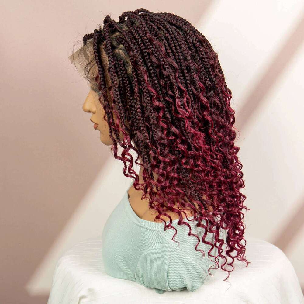 99J Bury Color Braided Wigs Synthetic Full Lace Knotless Square Box Braids Curly Hair Wig for Women