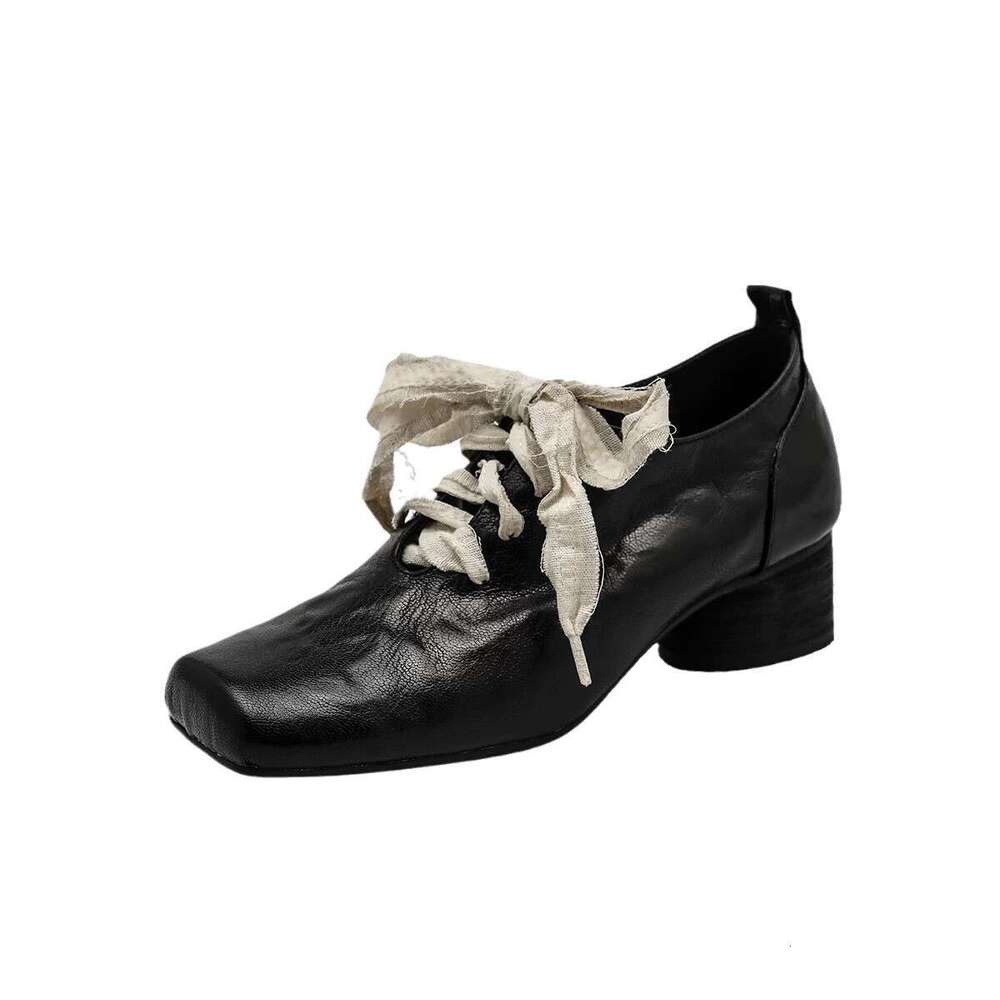 Genuine Artistic Style Niche Square Toe Lace-up High-end Chunky Heel Single for Women 2025 Spring New Small Leather Shoes