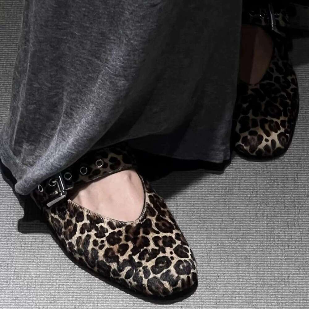 Genuine Leather Niche Horsehair Leopard Print One-Strap Single for Women 2025 Spring Summer Square Toe Shallow Mouth Flat Mary Jane Shoes