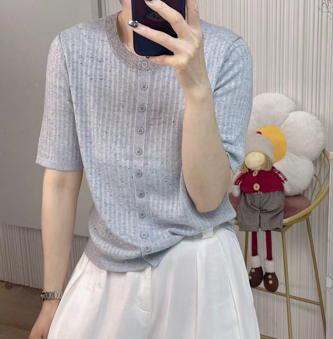 Summer thin women's T-shirt color collision round neck single-breasted fine pit leisure short-sleeved knit shirt