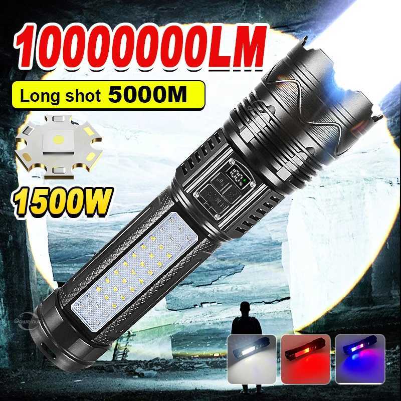 1000000LM Ultra Powerful LED Flashlight 1500W High Power Rechargeable Tactical Torch Emergency Camping Hand Lantern SpotlightsXJ250529