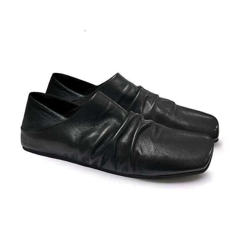 Genuine Niche Wrinkled Feel Closed-Toe Half Slippers for Women 2025 Spring Summer Square Toe Flat Mules Small Leather Single Shoes