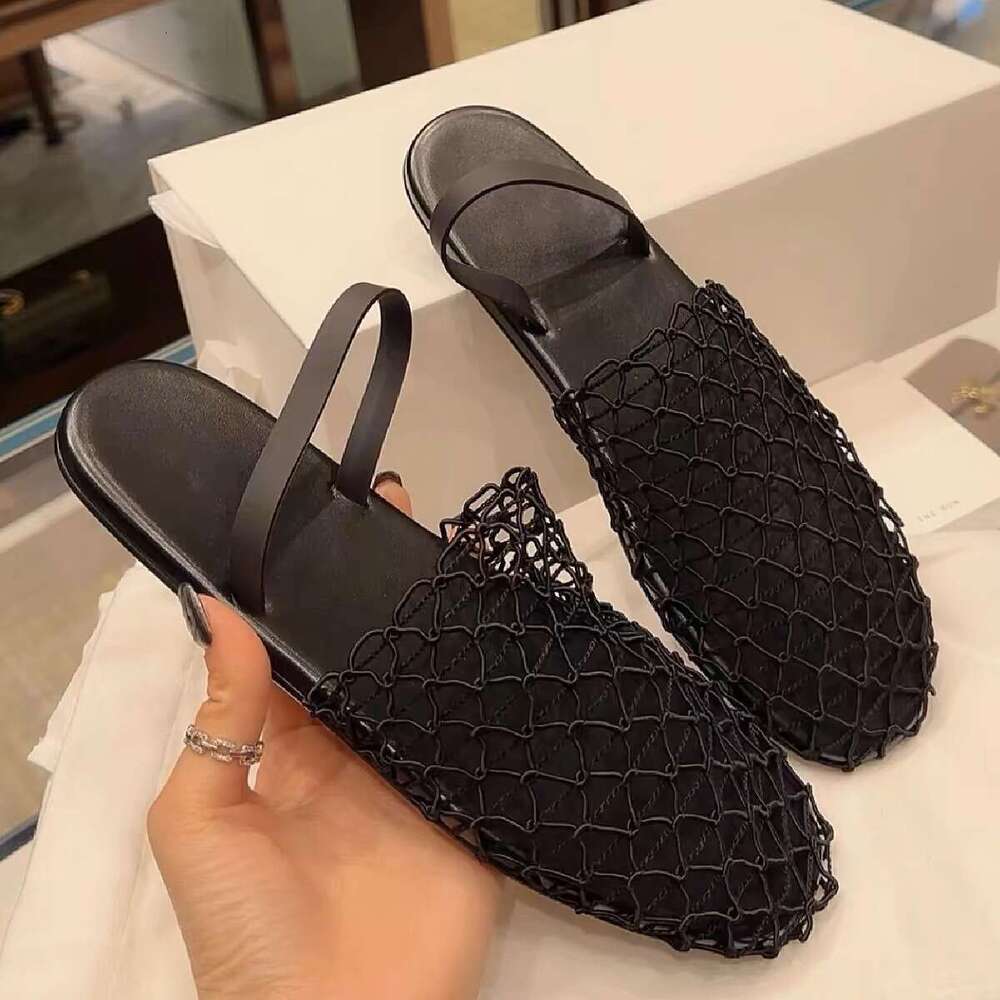 Niche Fishnet Woven Hollow Roman Sandals for Women Summer New Fisherman Flat Round Closed Toe Half Slippers