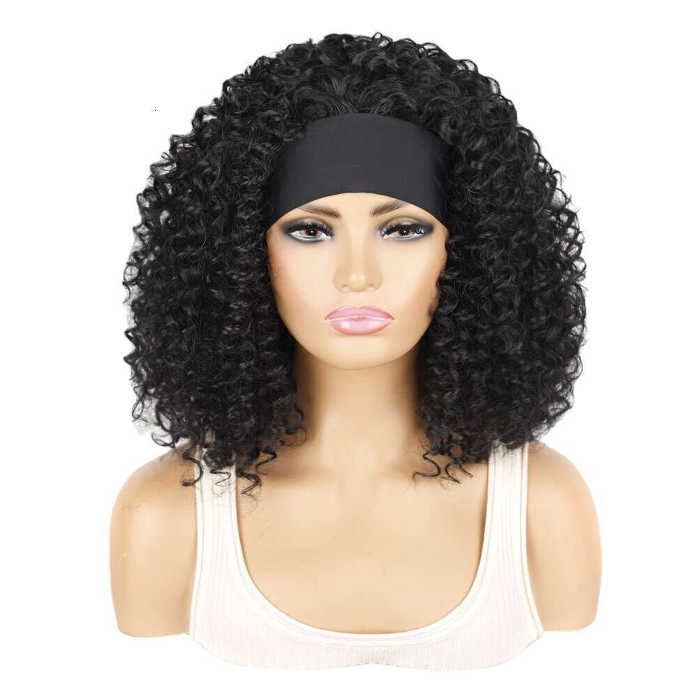 Women's wig Short 19Inch Deep Black Curly Hair Band Ice Silk Hairband Set Wig