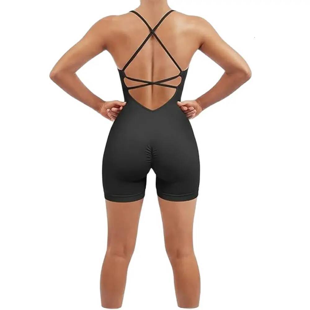 Summer Solid Jumpsuit Skinny Short Bodycon Nylon Bodysuit Yoga Sports Workout Gym One Piece Ribbed for Women