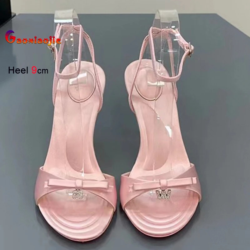 Pink Womens High Heels Sandals One Word Buckle Simple Peep Toe 7cm 9cm Stiletto Sandals Fashion Evening Party Ladies Pumps 250527