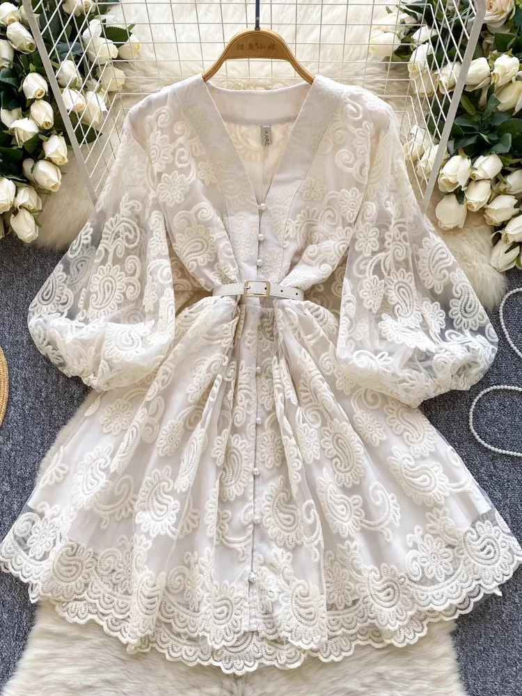 France Elegant Vintage Evening Dress Women Embroidery Sashes Short Party Dress Female Casual Holiday Clothing 250517
