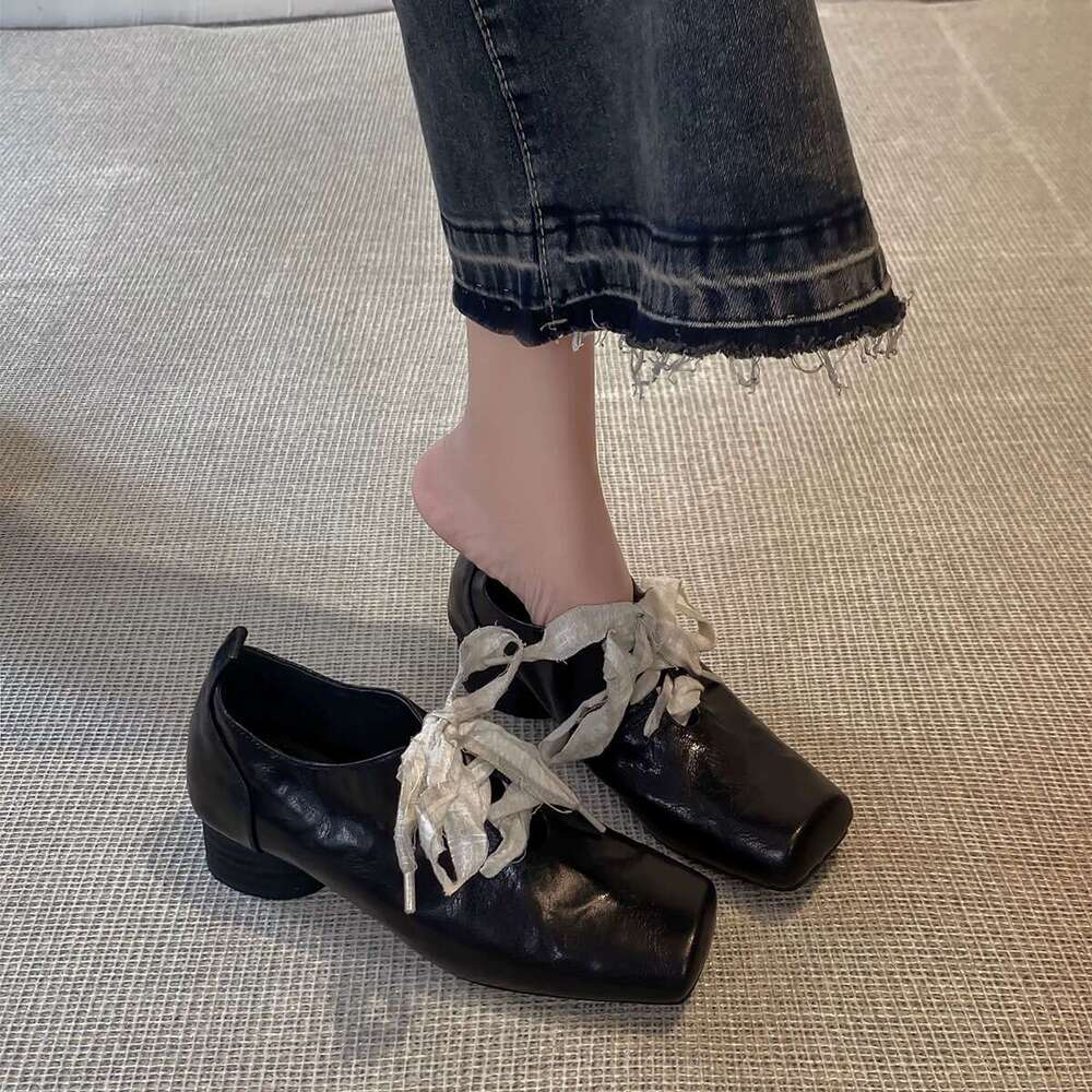 Genuine Artistic Style Niche Square Toe Lace-up High-end Chunky Heel Single for Women 2025 Spring New Small Leather Shoes
