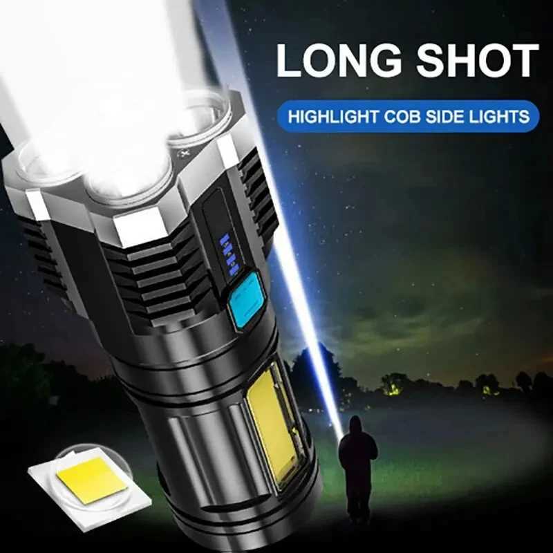 High Power LED Flashlights Camping Torch With 4 Lamp Beads And COB Side Light Rechargeable Portable Hand Lantern 4 Lighting Modes XJ250529