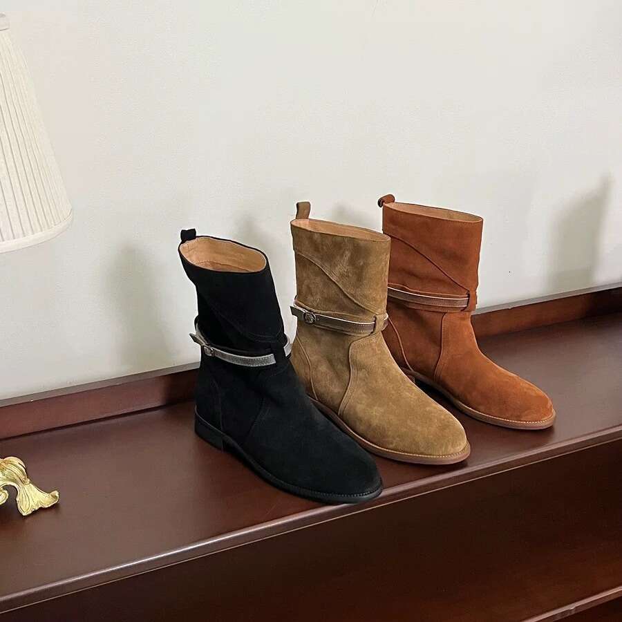 Korean Style Melard Belt Buckle Mid-Calf Short Women 2024 New Thick Heel Round Toe Western Cowboy Martin Boots