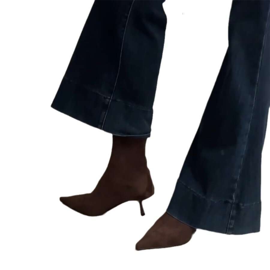 Korean Style Suede Thin Mid Heel Pointed Toe Slimming Short Women 2024 Autumn Winter Height Increasing Martin Denim Boots