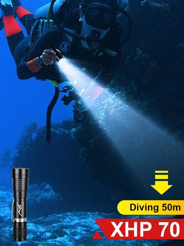 Diving Flashlight LED XHP70 Powerful Diving Lantern IP68 Professional Diving Flashlights Depth 50M Underwater Lamp with Click XJ250529