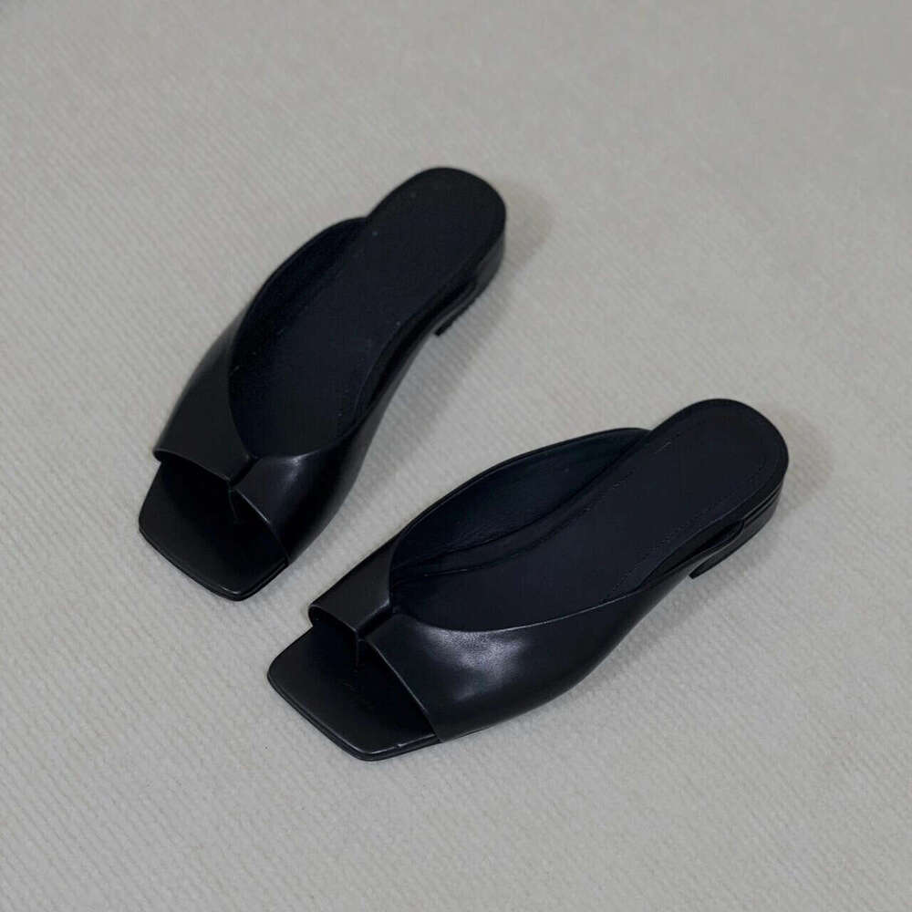 Genuine Leather Square Open Toe Slip-On for Women 2024 Summer New Style Edged Low Heel Flat Casual Versatile Sandals
