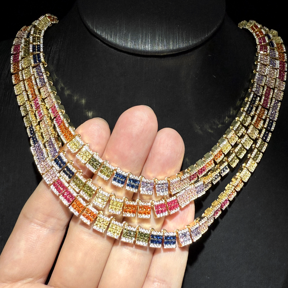 sdzstone 2025 NEW design Iced Out Rainbow Colorful Tennis Necklace Square Cubic Zirconia Paved Tennis Chain Cuban Link Dainty Jewelry Gift