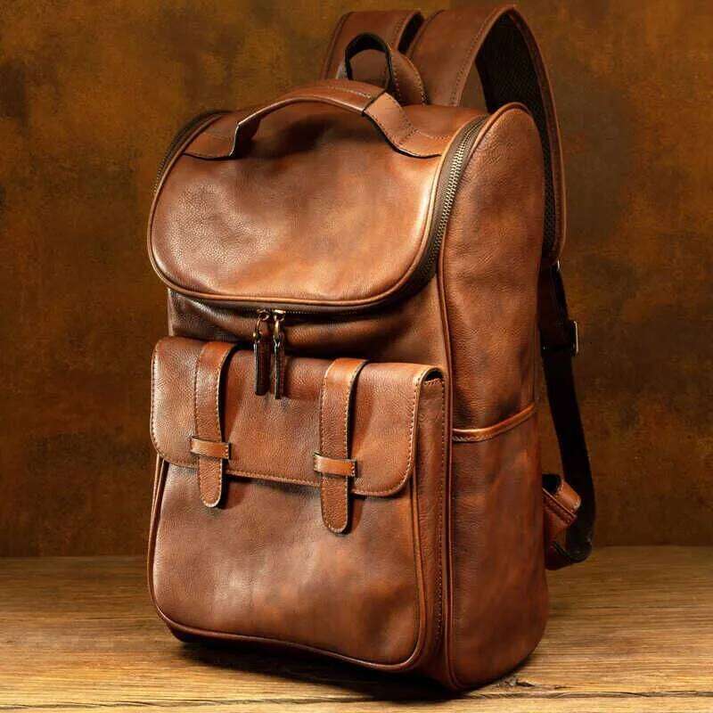 Retro Trend Handmade Genuine Leather Backpack For Men And Women, Top Layer Vegetable Tanned Cowhide Double Shoulder Bag
