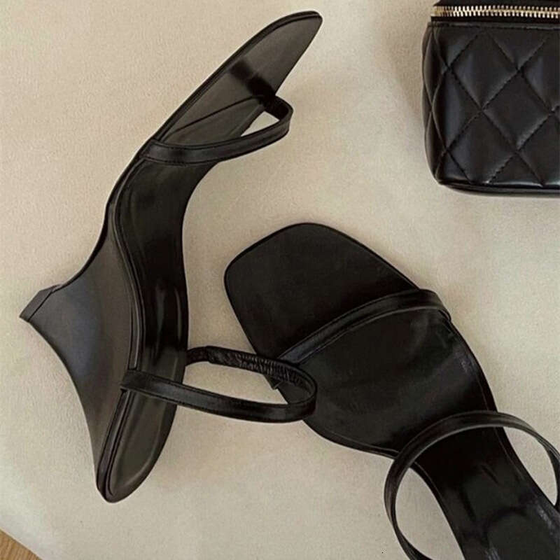 French Style Summer One Strap High Half Mules Niche Design Wedge Thick Heel Square Toe Sandals Women's Shoes