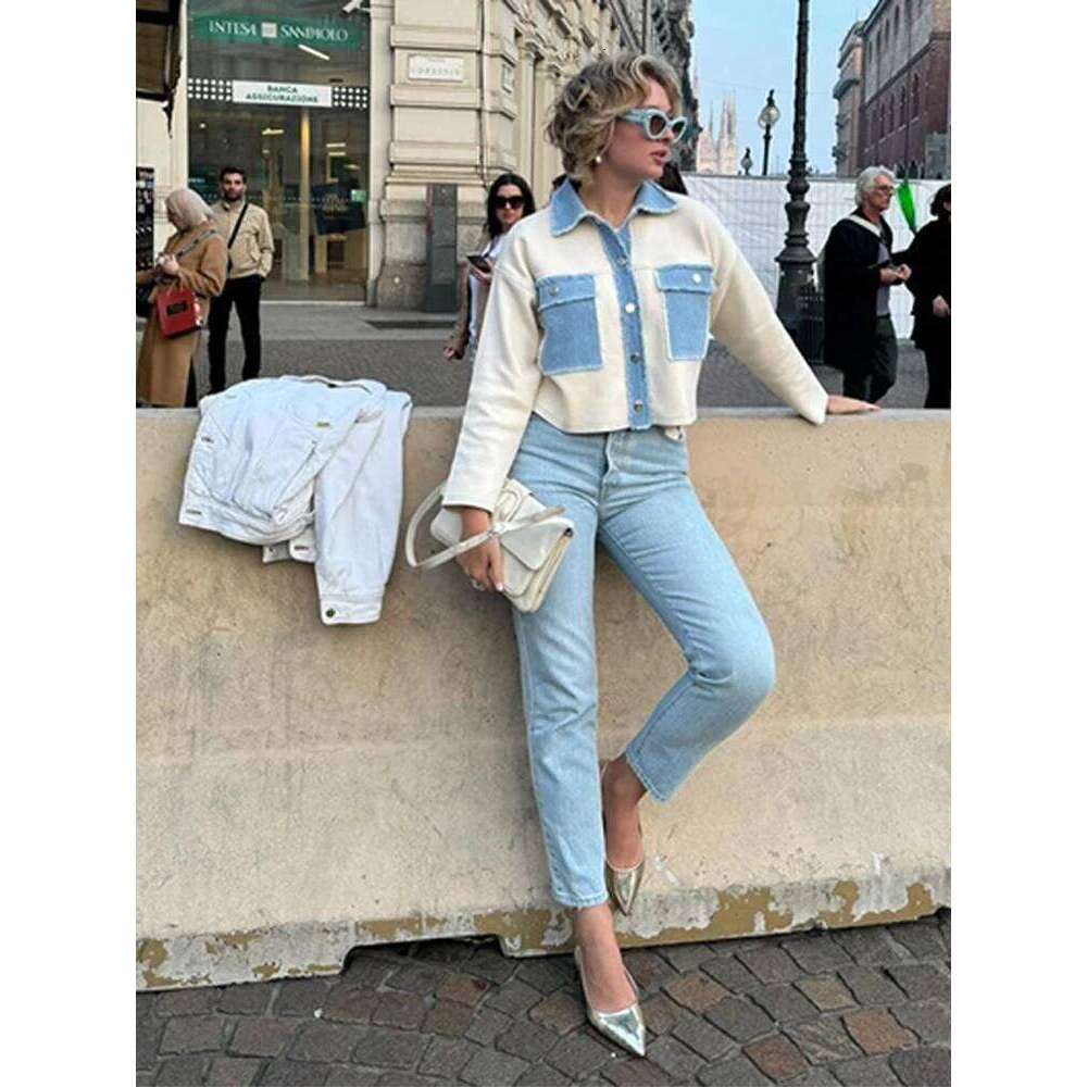 Y2k Women Patchwork Jacket Coat Lapel Long Sleeves Jeans with Packets Spring Casual Lady Denim Coats Designer Outwear Top