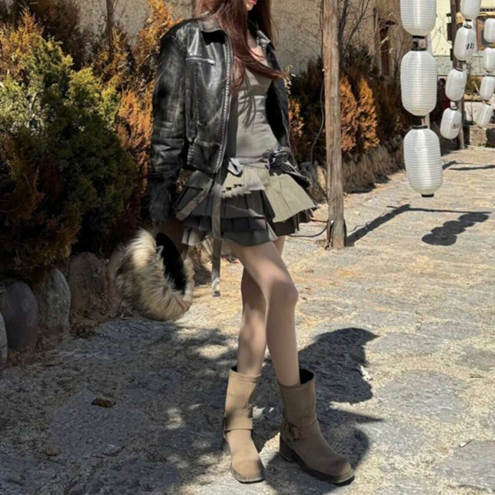 Maillard Belt Buckle Mid-Calf Western Cowboy Martin Women Autumn Winter Thick Heel Square Toe Short Boots