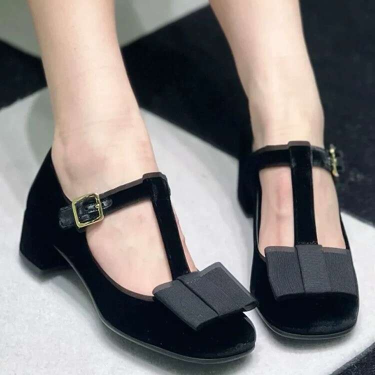 French Style Genuine Leather Square Toe Mary Jane with One-Strap Buckle for Women, Spring and Autumn New Thick Heel T-Strap Bowknot Shoes