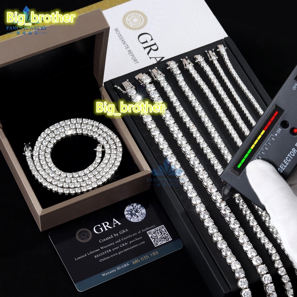 Fine Jewelry Hip Hop White Gold 925 Sterling Silver VVS Moissanite Diamond Cluster Tennis Chain Bracelet Necklace for Men Women
