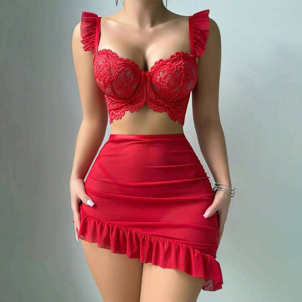 Irregular Floral Lace Boudoir Outfits Sexy Sling Nightwear Set See-Through Erotic Negligees Seductive Short Womens Nightgown