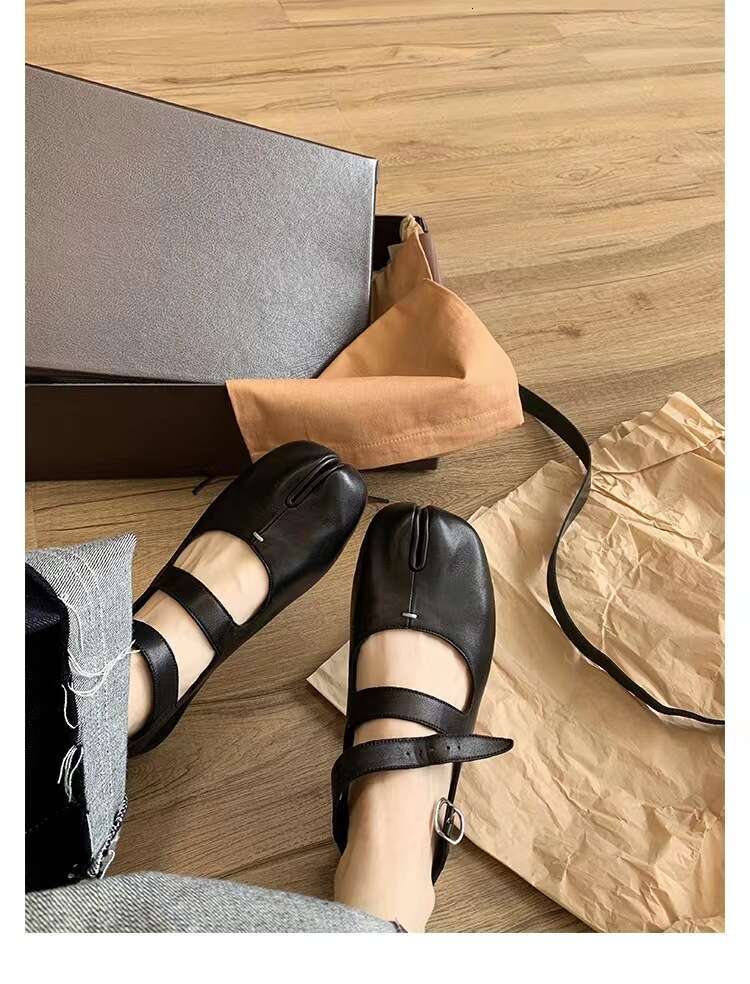 Grape Mom Same Style Mary Jane Women's Spring and Autumn New Double Strap Pig Hoof Split Toe Genuine Leather Flat Shoes