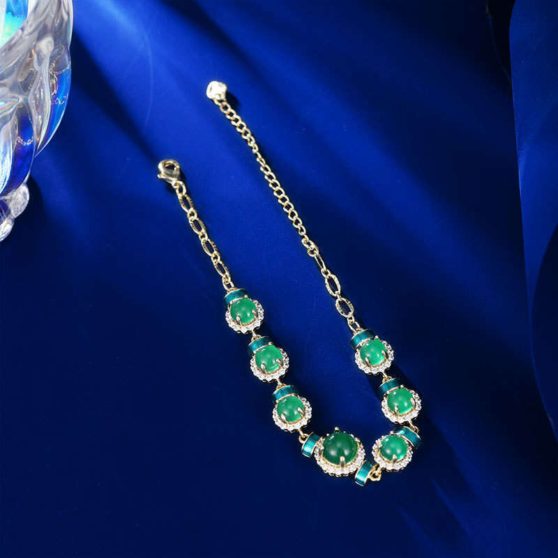 National Trend New Chinese Style Elegant Inlaid with Green Chalcedony Luxurious Zircon Agate High-end Round Bead Bracelet