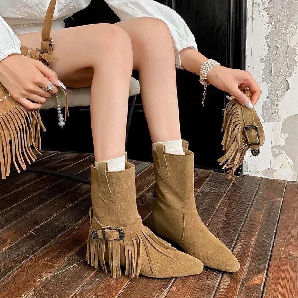 Unique Two-Way Design Fringe Pointed Toe Martin Western Cow for Women Autumn Winter Mid-Calf Flat Short Boots