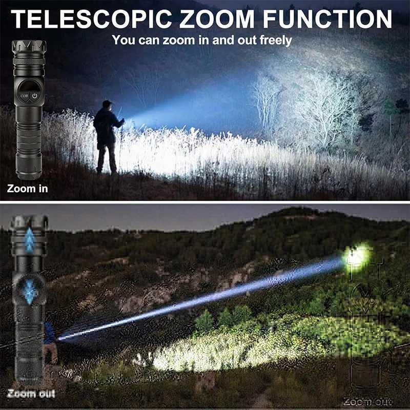 Rechargeable LED Flashlight Powerful Battery Flash Light with Tail Magnet Zoom Torch Light Long Range Lamp for Camping XJ250529