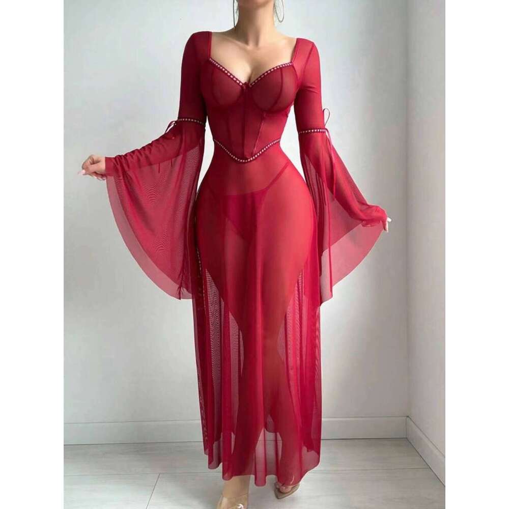 Tdz69 High Quality Long Dress Transparent Red Stripper Outfit Femme Nightie Sexy Lingerie Women Sets