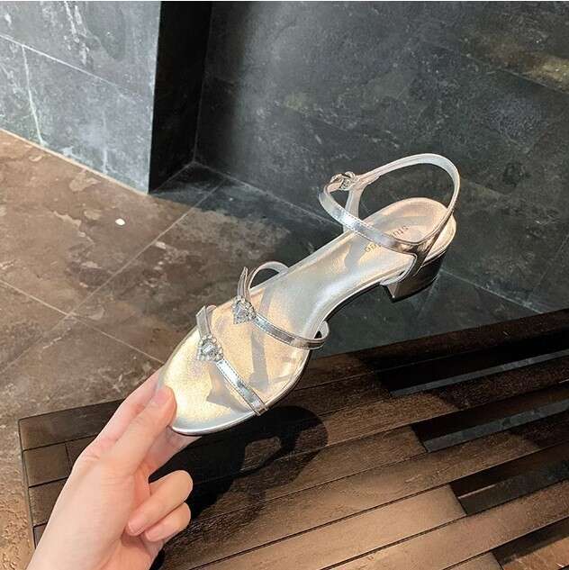 Grape Mom Style Round Toe One Double Strap Heart Diamond Buckle Low Chunky Heel Sandals Women Summer Slippers