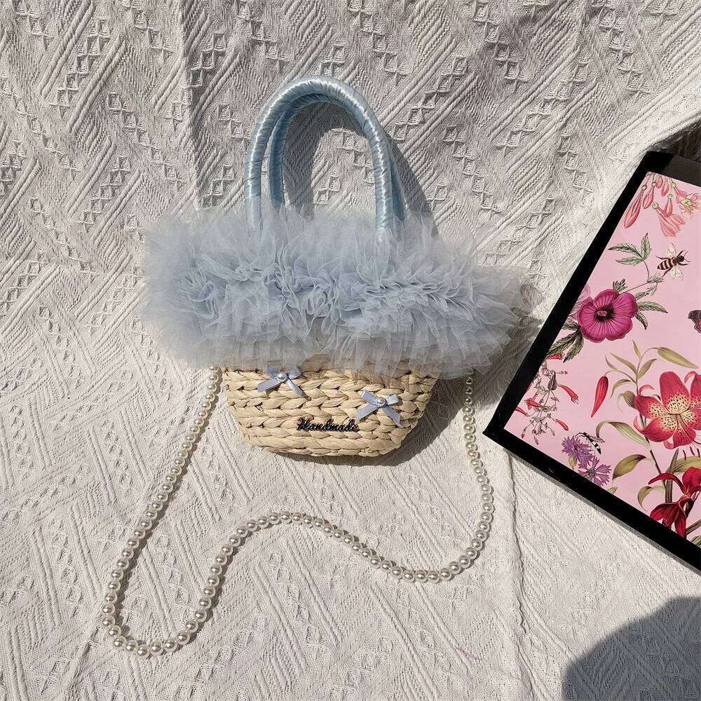 Women's Designer Fashion Fluffy Lace Straw Handbags Pearls Chain Shoulder Bohemian Lafite Basket Bags For Women Travel Beach Rattan Bag