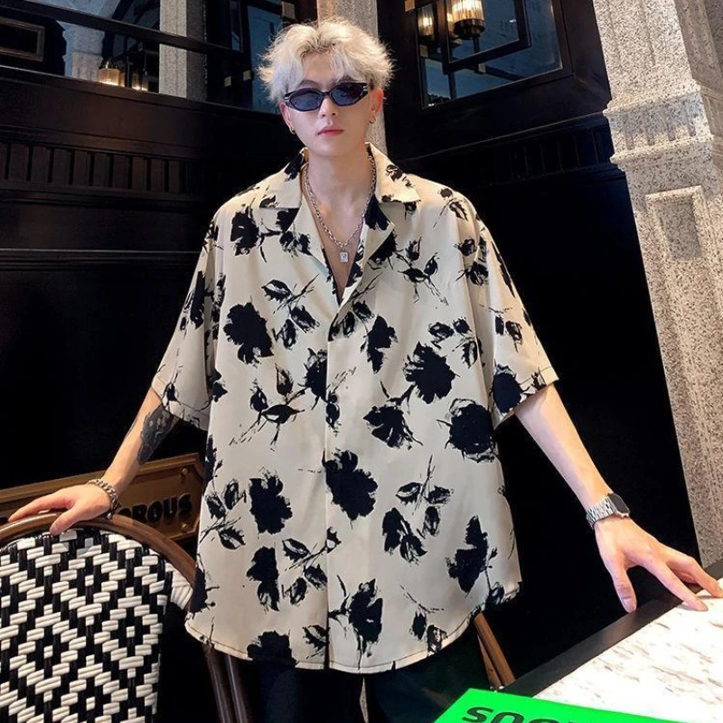 French Floral Shirt Mens Short-sleeved Summer Ice Silk Tops 250527