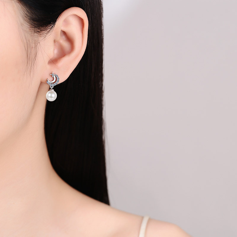 Moissanite S925 Silver Pearl Stud Earrings for Women, Fresh and Cute Star Moon Design, Sweet Fashionable Earrings with Elegant Charm