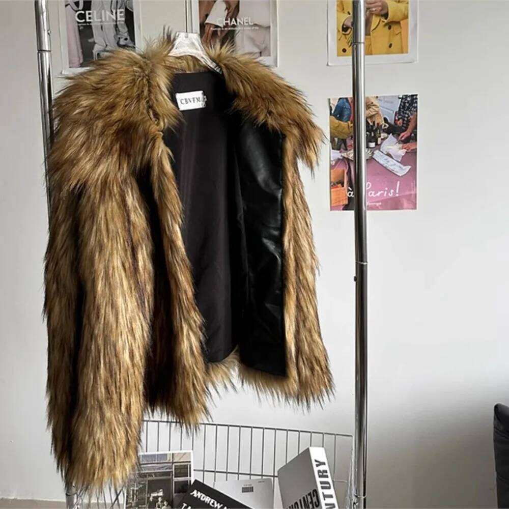 Winter Brown Gradient Long Hairy Shaggy Raccoon Faux Fur Coat Full sleeve Women Big Lapel Furry Loose Outerwear