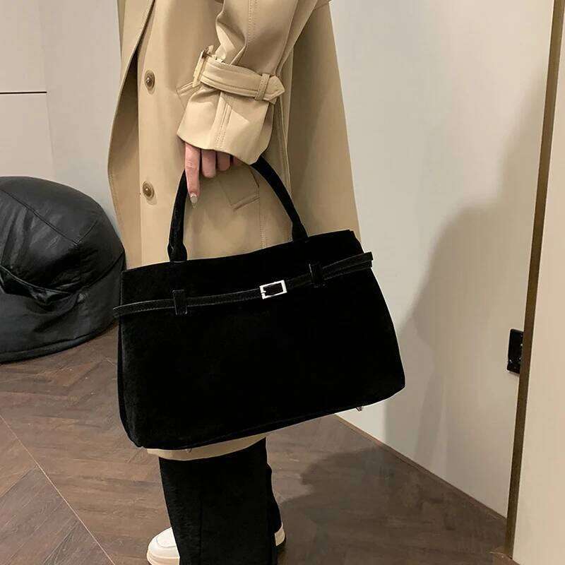 Trendy Autumn Brown Tote Women's Retro Suede Large Capacity Shoulder Belt Buckle Design Ladies Underarm Commuter Bag