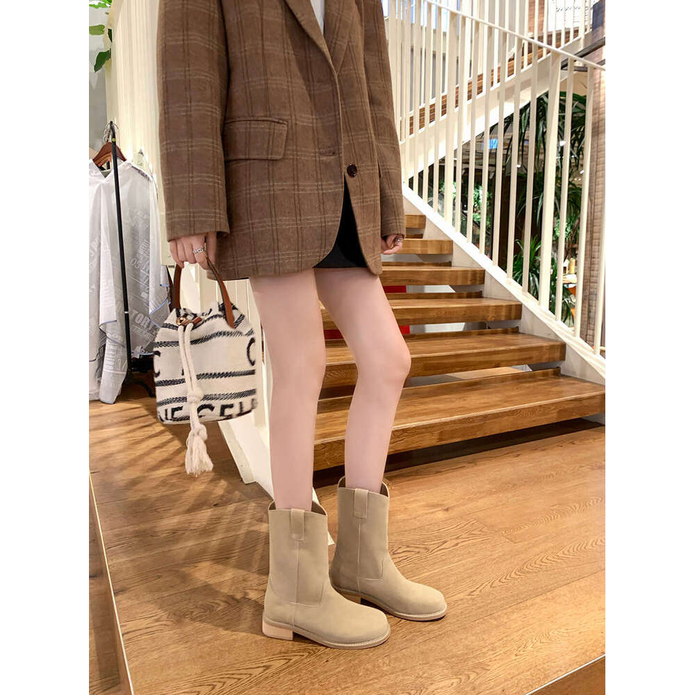 Su Yinyin Style Round Toe Chunky Heel Western Cowboy for Autumn Winter Fleece Lined Mid-Calf Short Women Boots