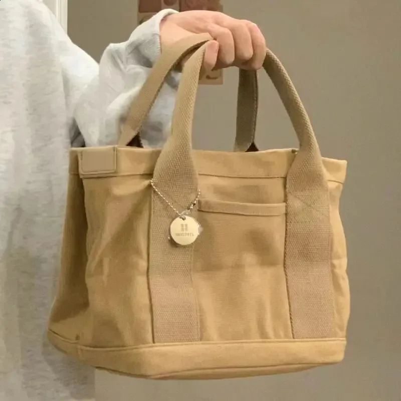 Multipocket womens canvas tote bag solid color ner ladies casual commuting handbag large capacity coffee camping picnic bag 250528
