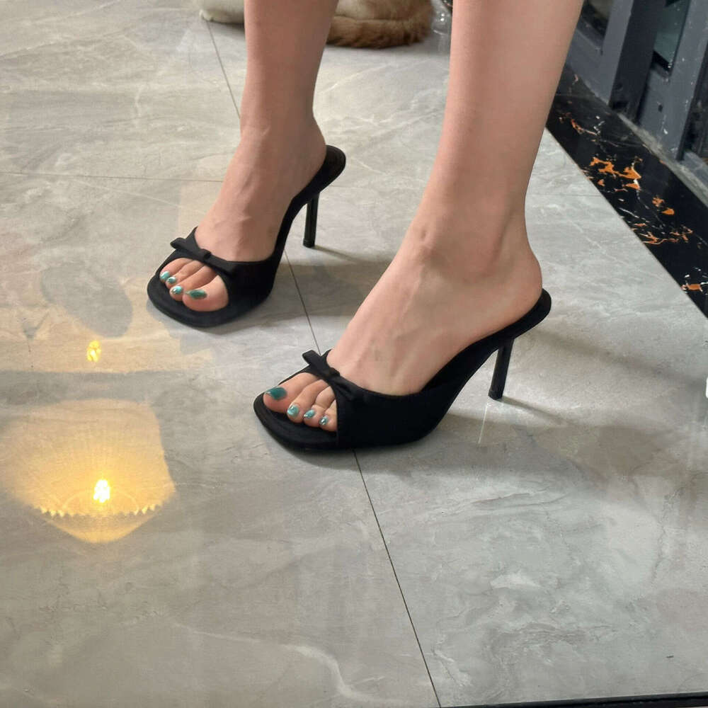 French Style Niche Genuine Leather Velvet Bow High Slippers for Women Outdoor Summer New Mules Thin Heel Sandals