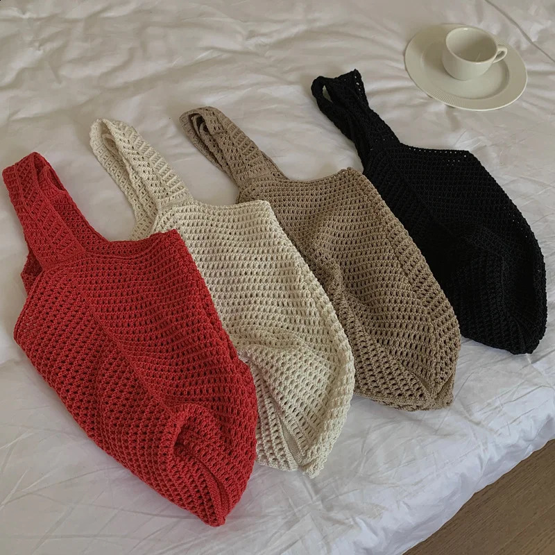 Vintage Crochet Woven Tote Bag for Women Lightweight Durable Handbag Beach Foldable n Travel Shopping Daily Use 250528