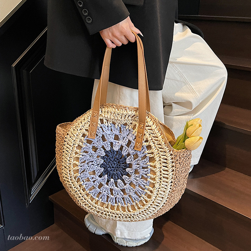 designer bag Fashion round straw woven large capacity for women 2025 new vacation beach shoulder tote bag