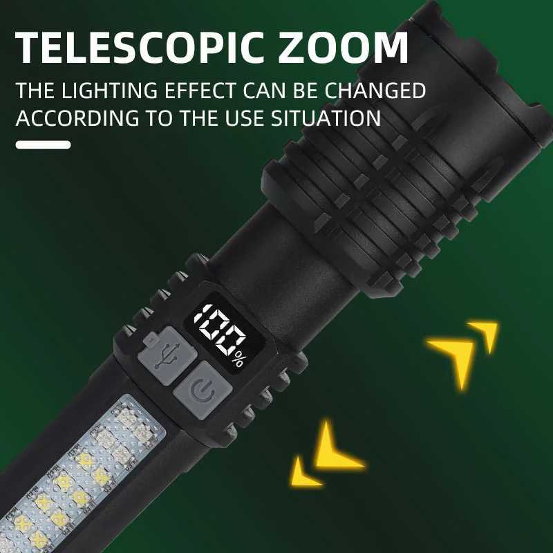 Portable Rechargeable High Power LED Flashlights With Display Screen Zoom Tactical Torch Lamp with Emergency Side Lights Lantern XJ250529