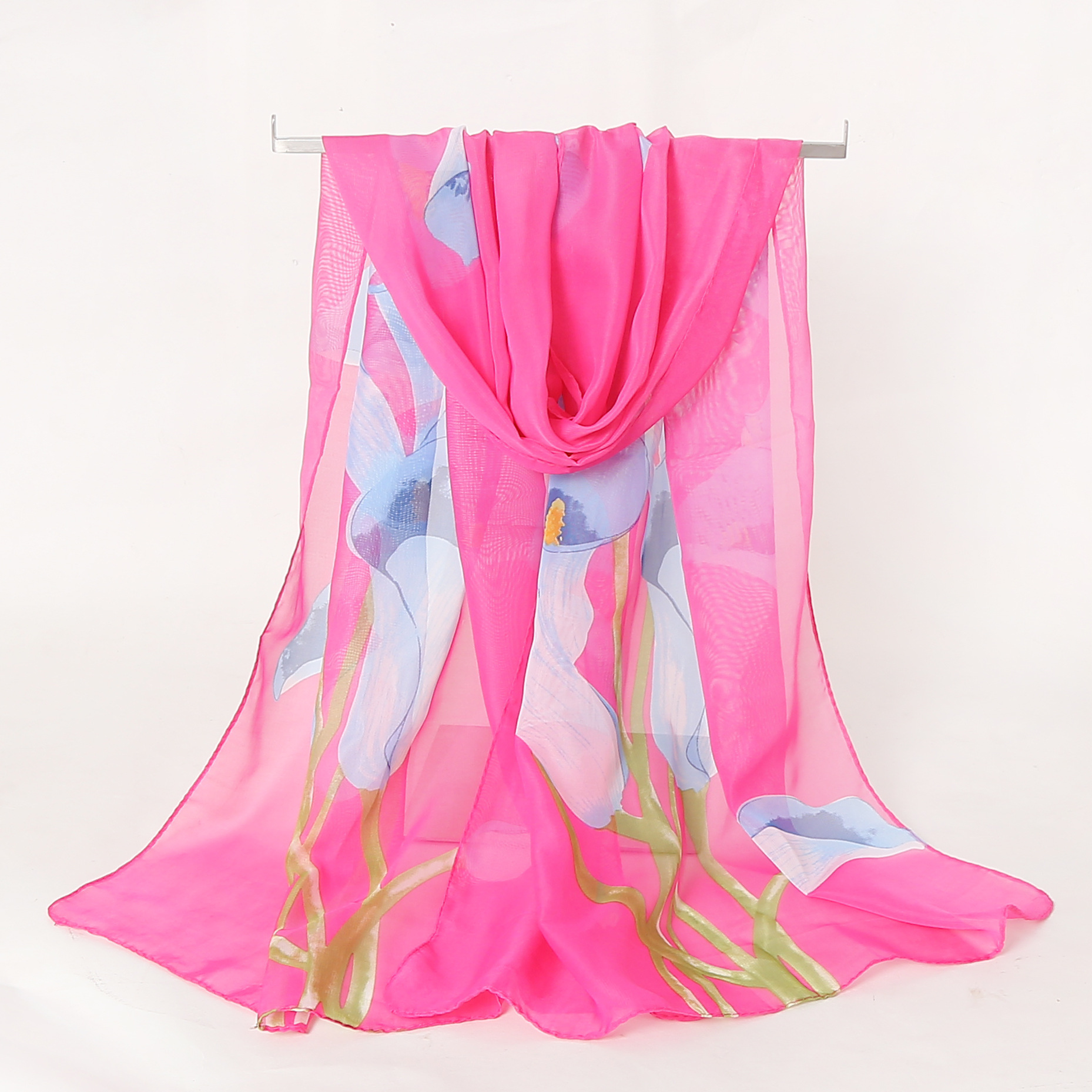K864 2024 new Korean scarf women's spring and summer chiffon printed silk scarf long versatile beach towel shawl factory direct sales